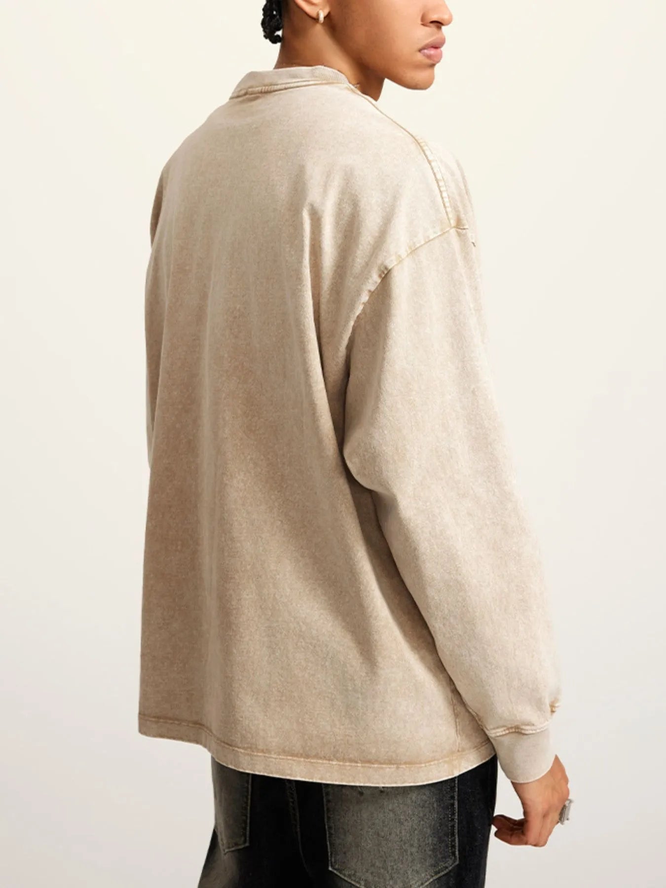 Side view showcasing the fit of Men's Round Neck Long Sleeve T-Shirt in Khaki.