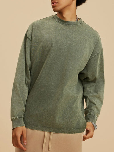 Front view of Men's Round Neck Long Sleeve T-Shirt in Olive Green.