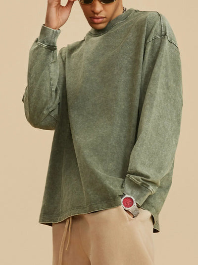 Side view showcasing the fit of Men's Round Neck Long Sleeve T-Shirt in Olive Green.