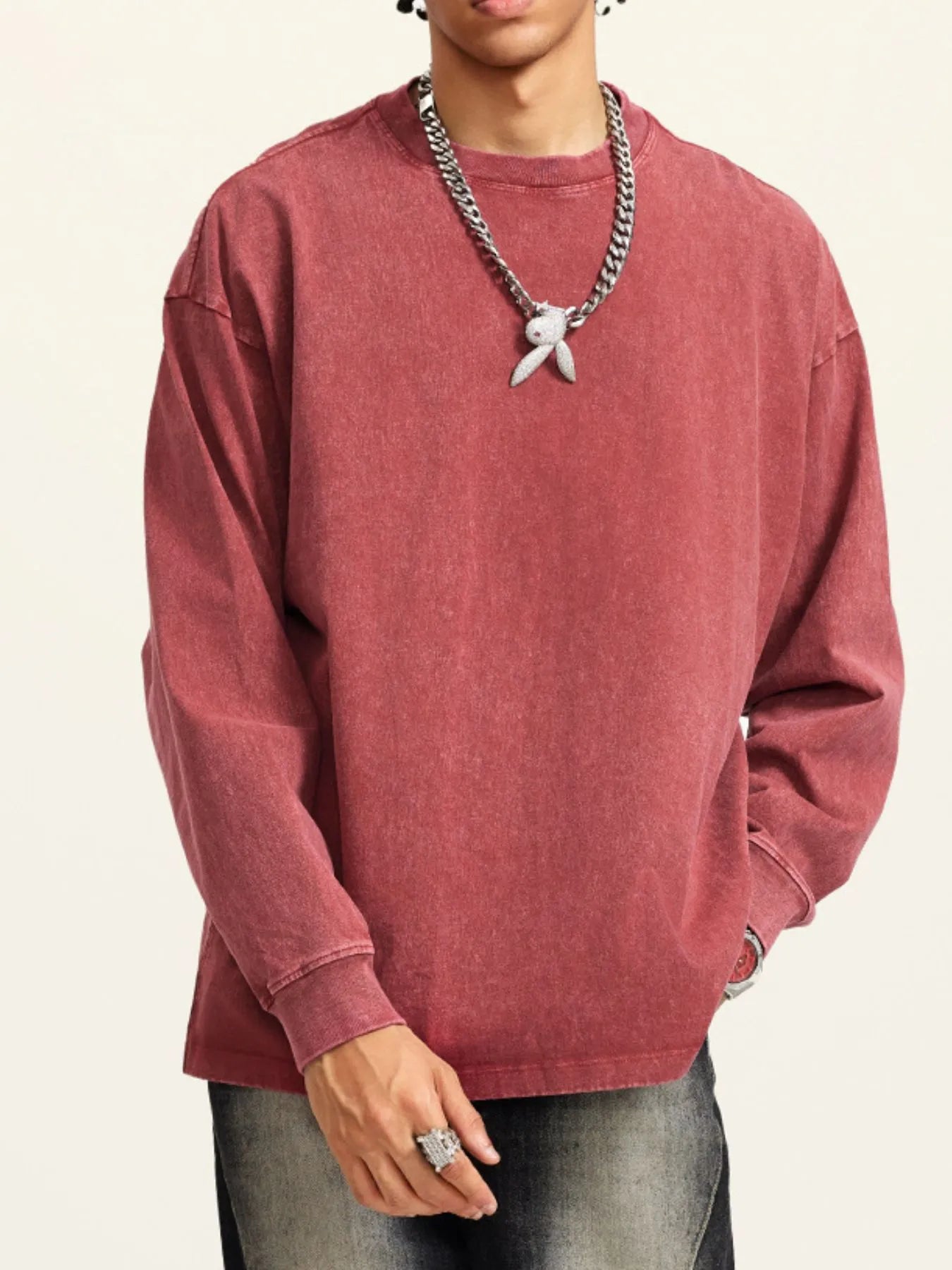 Front view of Men's Round Neck Long Sleeve T-Shirt in Retro Red.