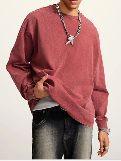 Side view showcasing the fit of Men's Round Neck Long Sleeve T-Shirt in Retro Red.
