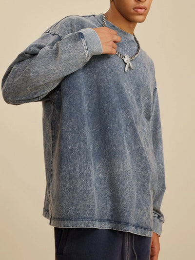 Front view of Men's Round Neck Long Sleeve T-Shirt in Sapphire Blue.