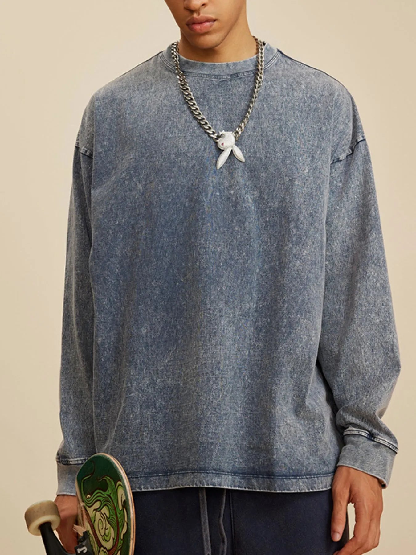 Side view showcasing the fit of Men's Round Neck Long Sleeve T-Shirt in Sapphire Blue.