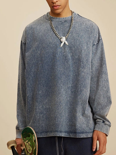 Side view showcasing the fit of Men's Round Neck Long Sleeve T-Shirt in Sapphire Blue.