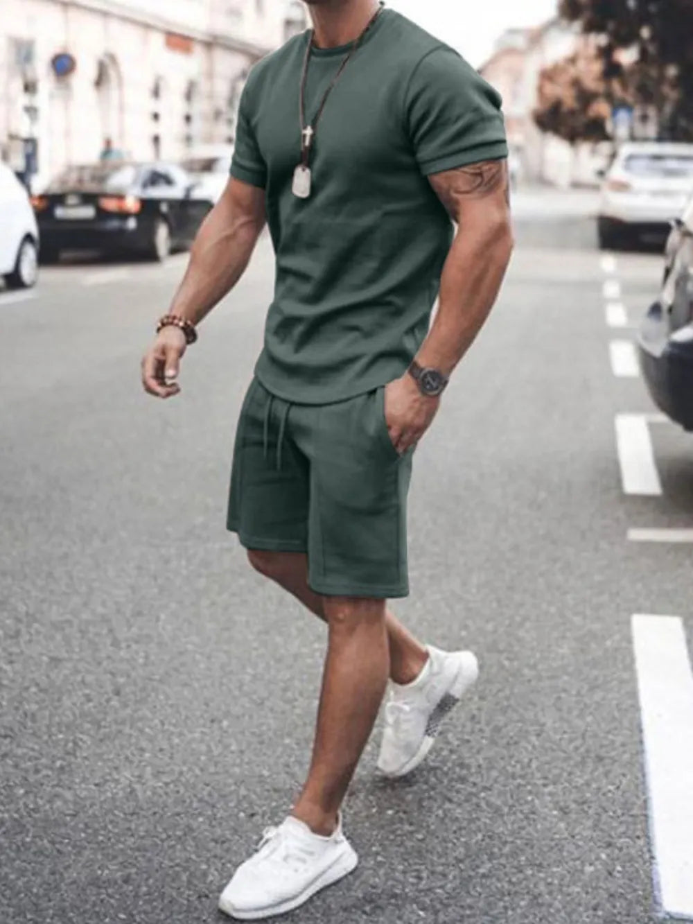 Front view of Men's Round Neck Short Sleeve Top and Shorts Set in Army Green.