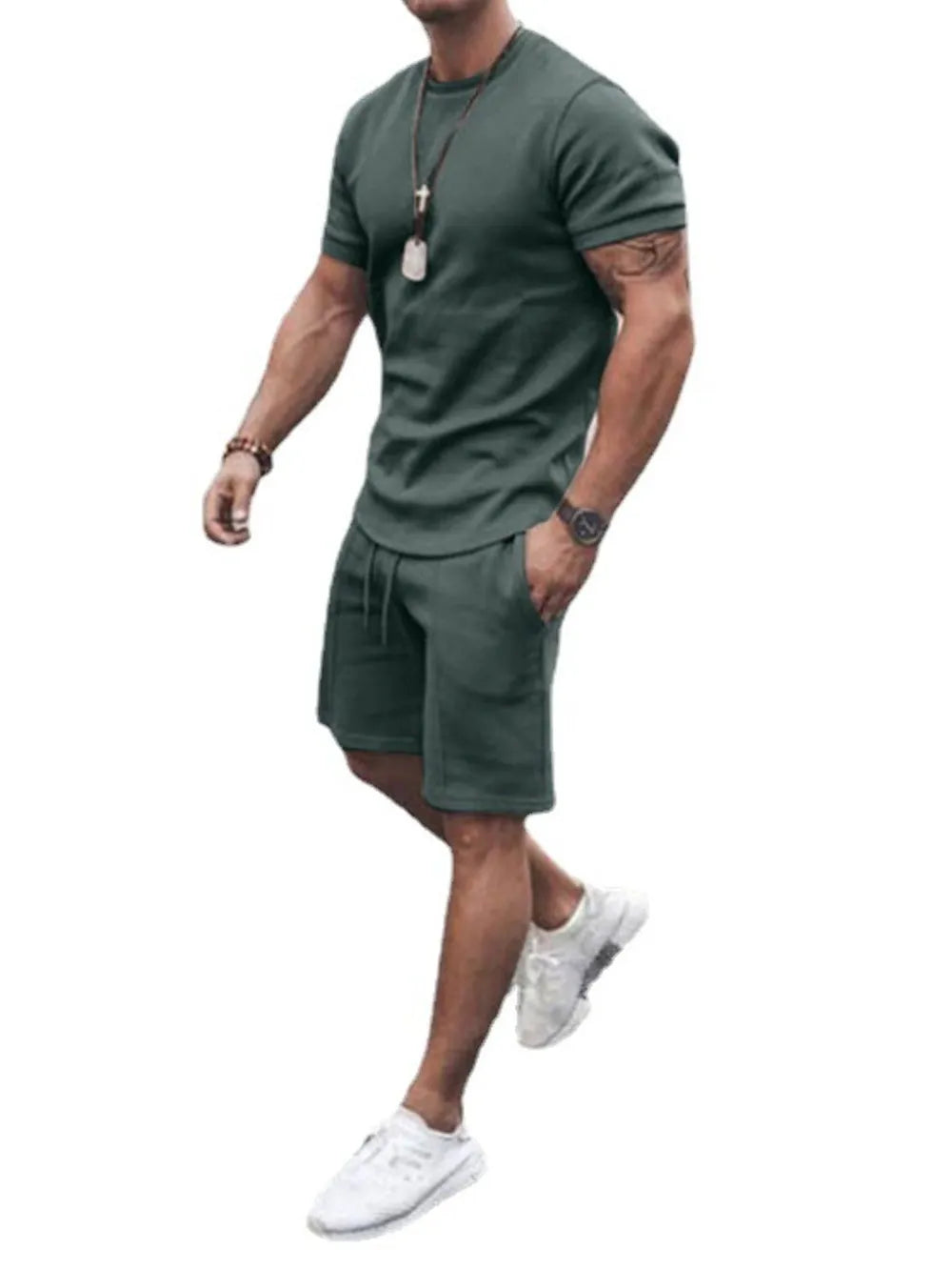 Side view of Men's Round Neck Short Sleeve Top and Shorts Set in Army Green.