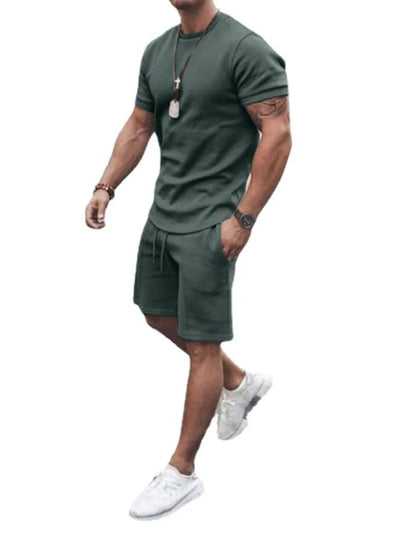 Side view of Men's Round Neck Short Sleeve Top and Shorts Set in Army Green.