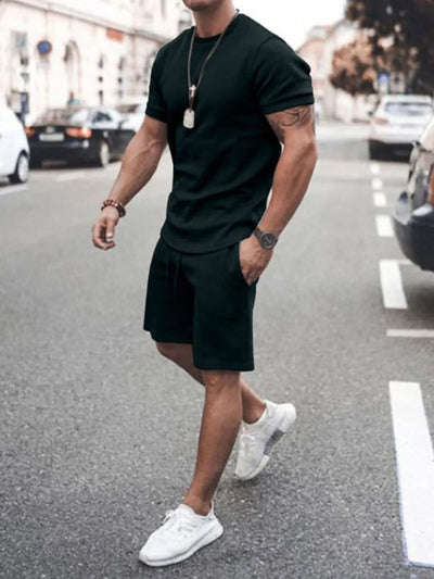 Front view of Men's Round Neck Short Sleeve Top and Shorts Set in Black.
