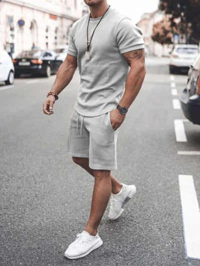 Front view of Men's Round Neck Short Sleeve Top and Shorts Set in Dark Gray.