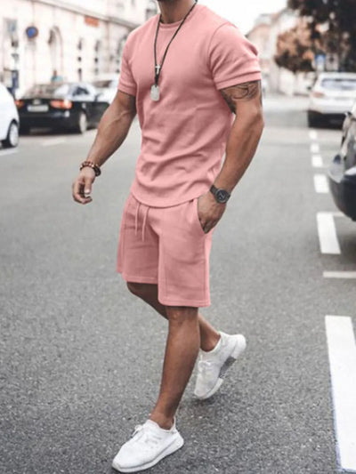 Front view of Men's Round Neck Short Sleeve Top and Shorts Set in Dusty Pink.
