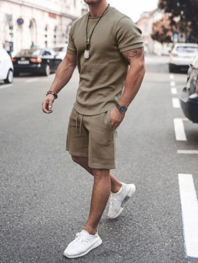 Front view of Men's Round Neck Short Sleeve Top and Shorts Set in Khaki.