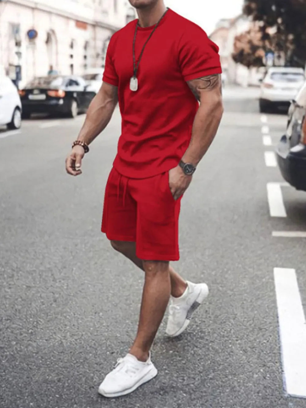 Front view of Men's Round Neck Short Sleeve Top and Shorts Set in Red.