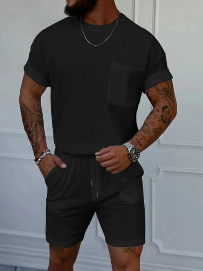 Front view of Men's Round Neck Short Sleeve Top and Shorts Set in Black.