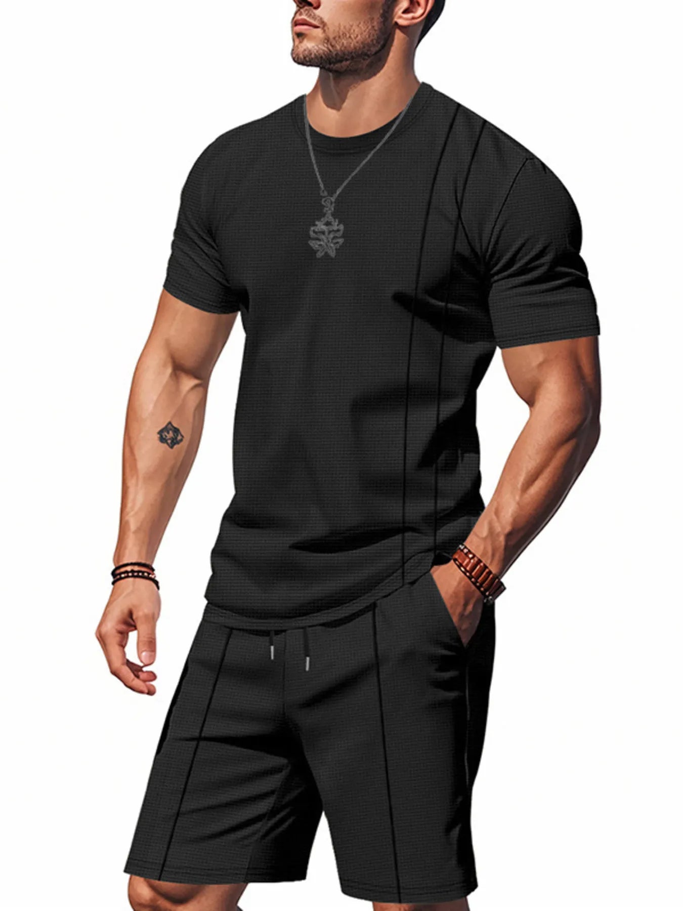 Front view of Men's Round Neck Short Sleeve Top and Shorts Set in Black.