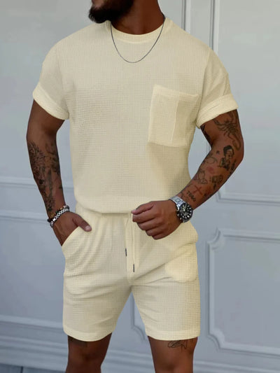 Front view of Men's Round Neck Short Sleeve Top and Shorts Set in Khaki.
