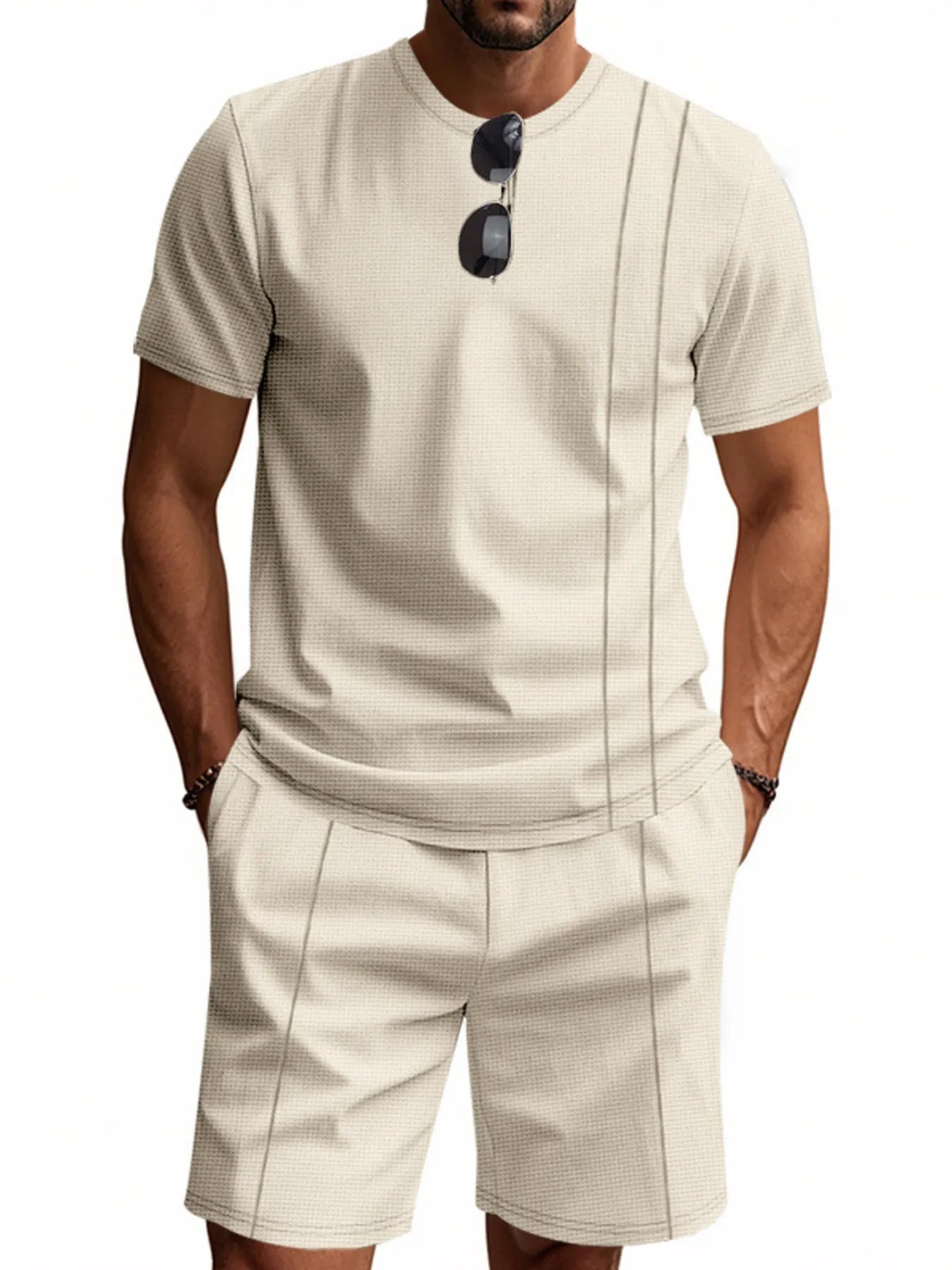 Front view of Men's Round Neck Short Sleeve Top and Shorts Set in Khaki.