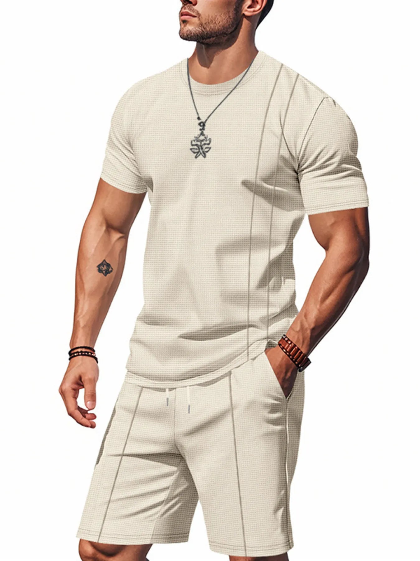 Side view showcasing the fit of Men's Round Neck Short Sleeve Top and Shorts Set in Khaki.