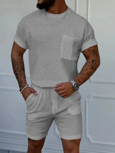 Front view of Men's Round Neck Short Sleeve Top and Shorts Set in Light Gray.
