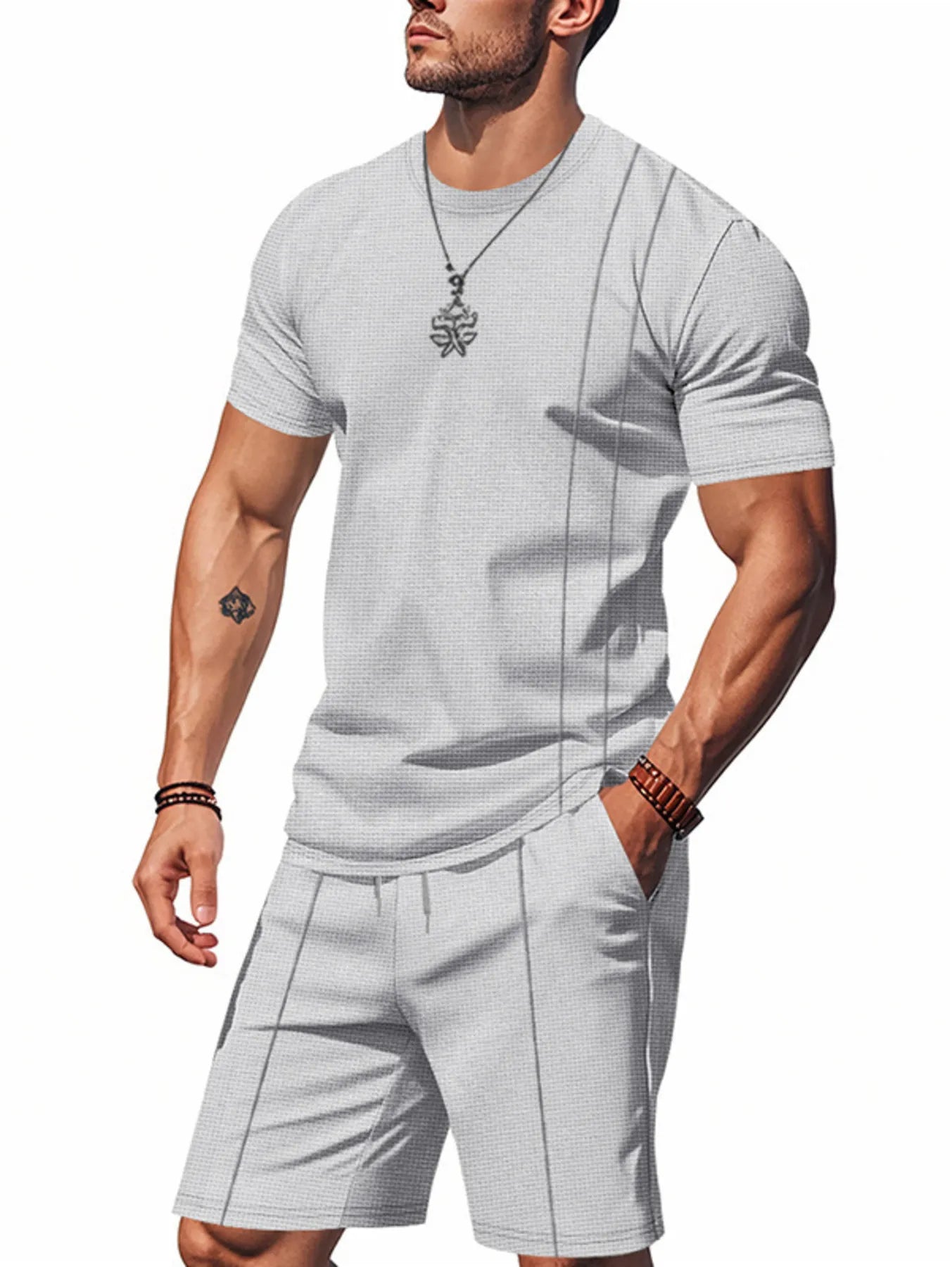 Front view of Men's Round Neck Short Sleeve Top and Shorts Set in Light Gray.
