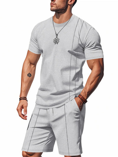 Front view of Men's Round Neck Short Sleeve Top and Shorts Set in Light Gray.