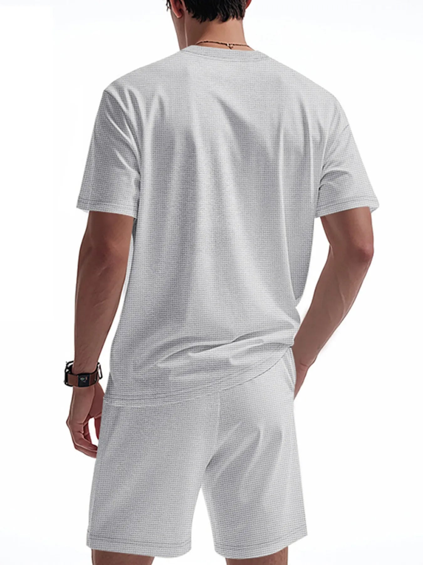 Side view showcasing the fit of Men's Round Neck Short Sleeve Top and Shorts Set in Light Gray