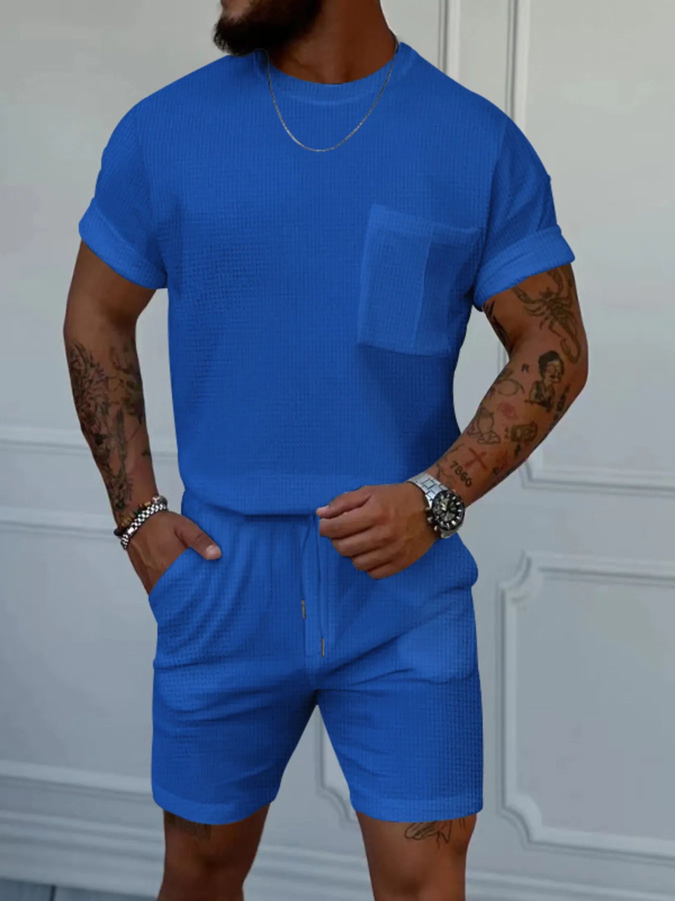Front view of Men's Round Neck Short Sleeve Top and Shorts Set in Royal Blue.