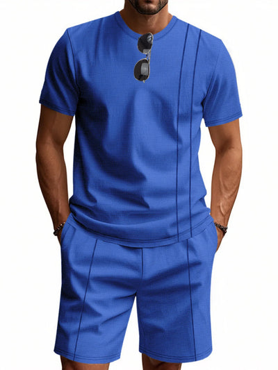 Front view of Men's Round Neck Short Sleeve Top and Shorts Set in Royal Blue.