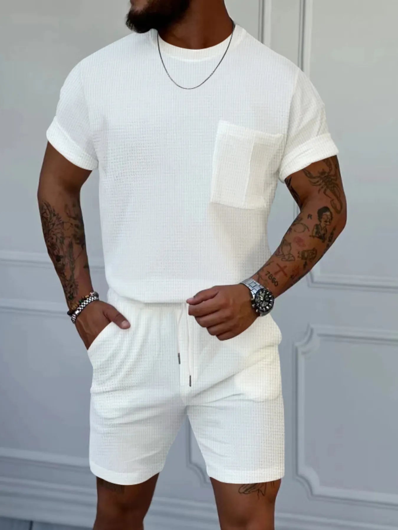 Front view of Men's Round Neck Short Sleeve Top and Shorts Set in White.