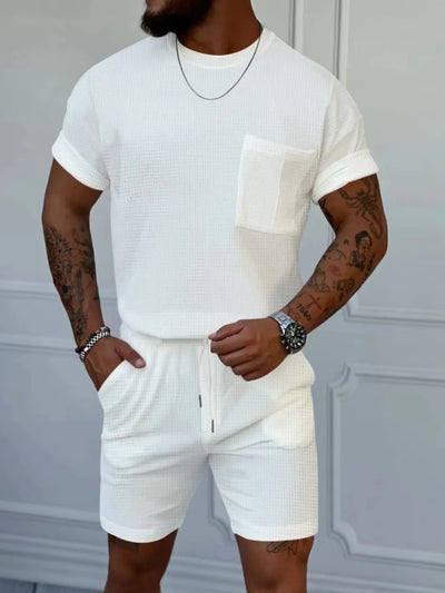 Front view of Men's Round Neck Short Sleeve Top and Shorts Set in White.