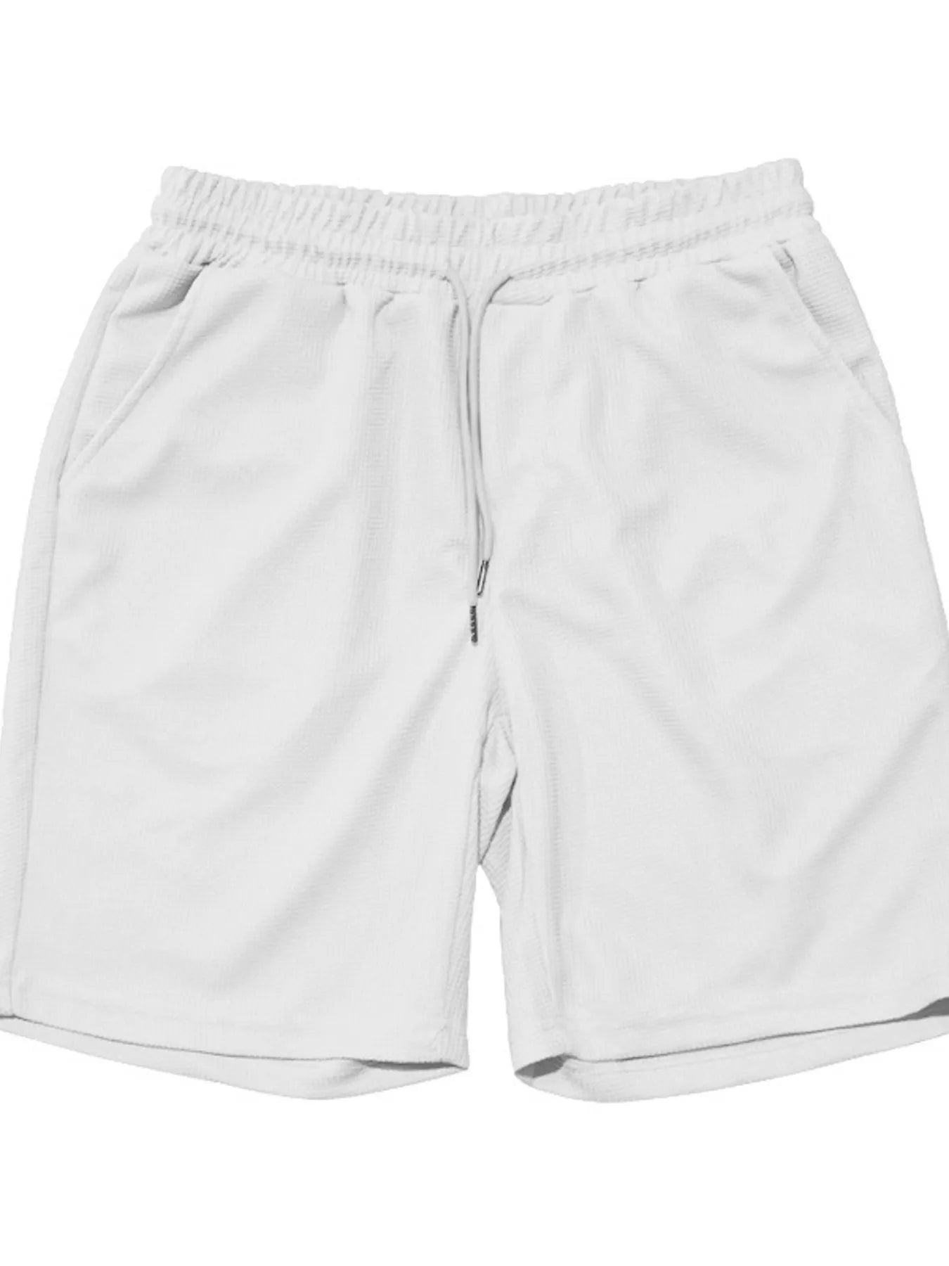 Close-up of the round neck detail on Men's Round Neck Short Sleeve Top and Shorts Set in White.