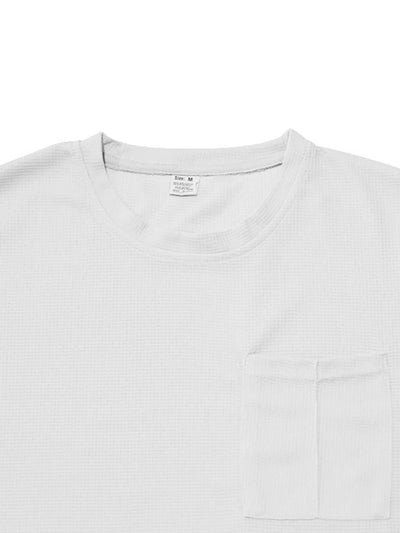 Model wearing Men's Round Neck Short Sleeve Top and Shorts Set in White from the side.