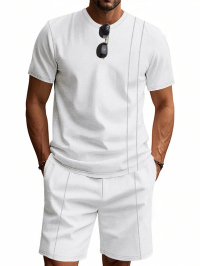Front view of Men's Round Neck Short Sleeve Top and Shorts Set in White.