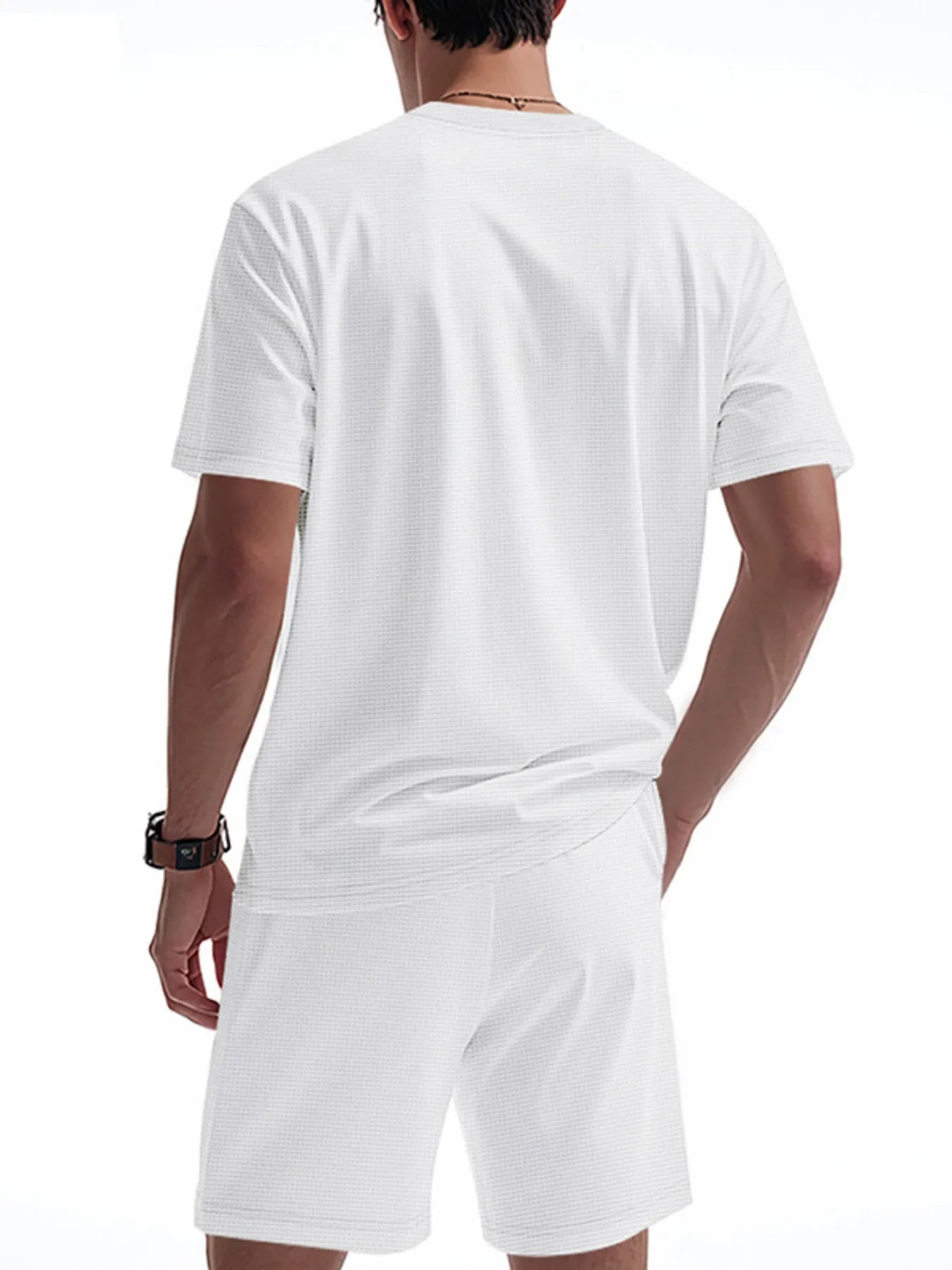 Side view showcasing the fit of Men's Round Neck Short Sleeve Top and Shorts Set in White.