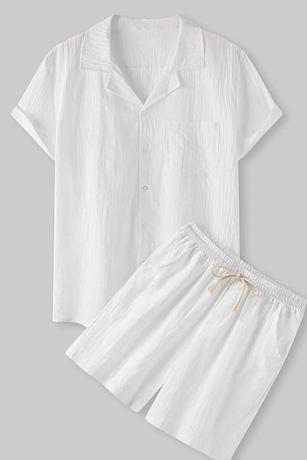 Front view of Men's Short Sleeve Shirt and Shorts Set in White.