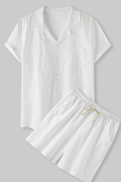 Front view of Men's Short Sleeve Shirt and Shorts Set in White.