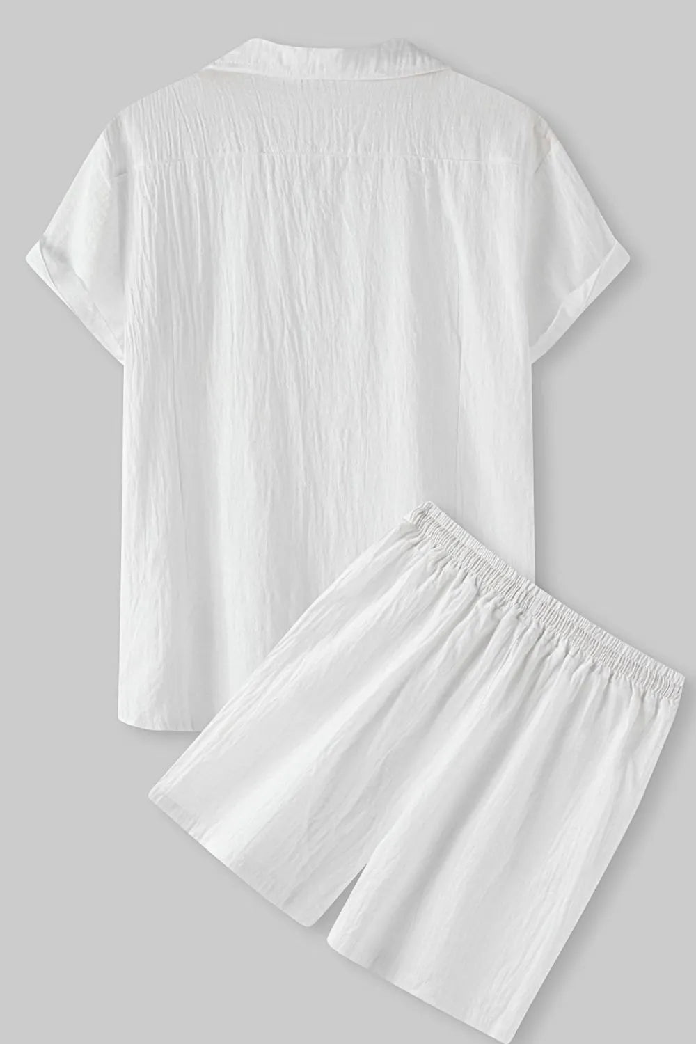 Side view showcasing the fit of Men's Short Sleeve Shirt and Shorts Set in White.