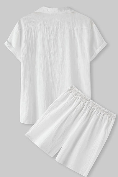 Side view showcasing the fit of Men's Short Sleeve Shirt and Shorts Set in White.