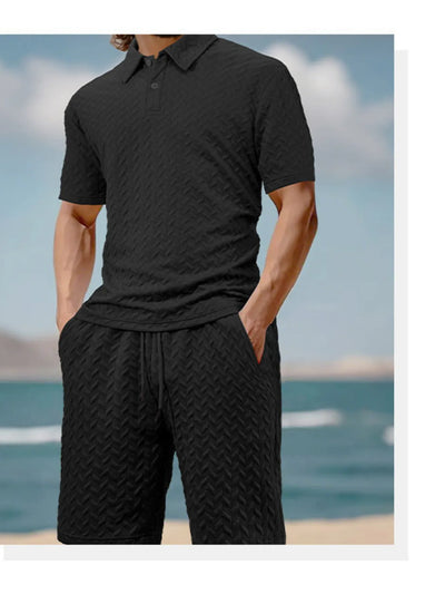 Front view of Men's Textured Polo Shirt and Shorts Set in Black.