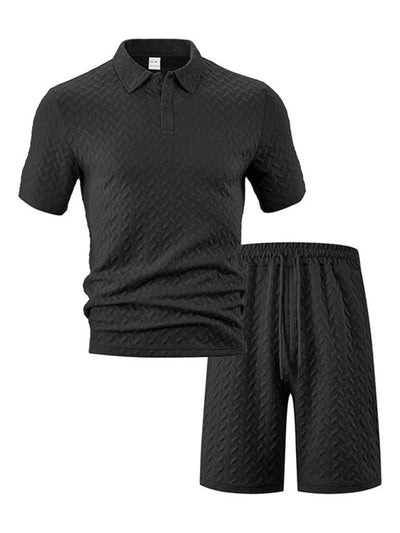 Side view showcasing the fit of Men's Textured Polo Shirt and Shorts Set in Black.