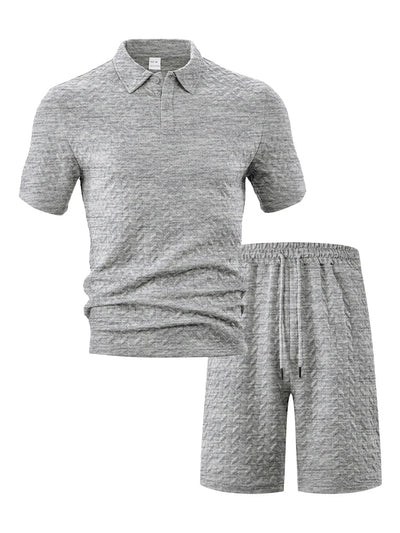 Front view of Men's Textured Polo Shirt and Shorts Set in Grey.