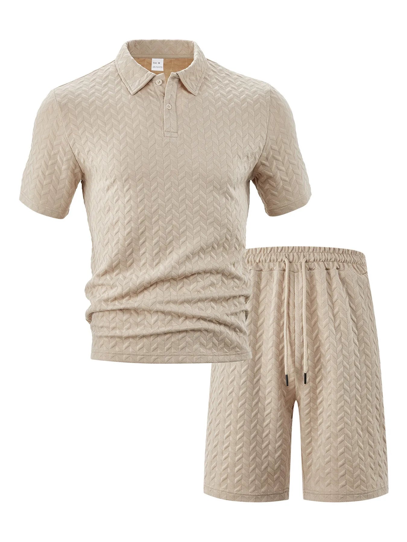 Front view of Men's Textured Polo Shirt and Shorts Set in Khaki.