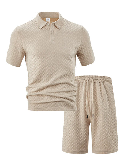 Front view of Men's Textured Polo Shirt and Shorts Set in Khaki.