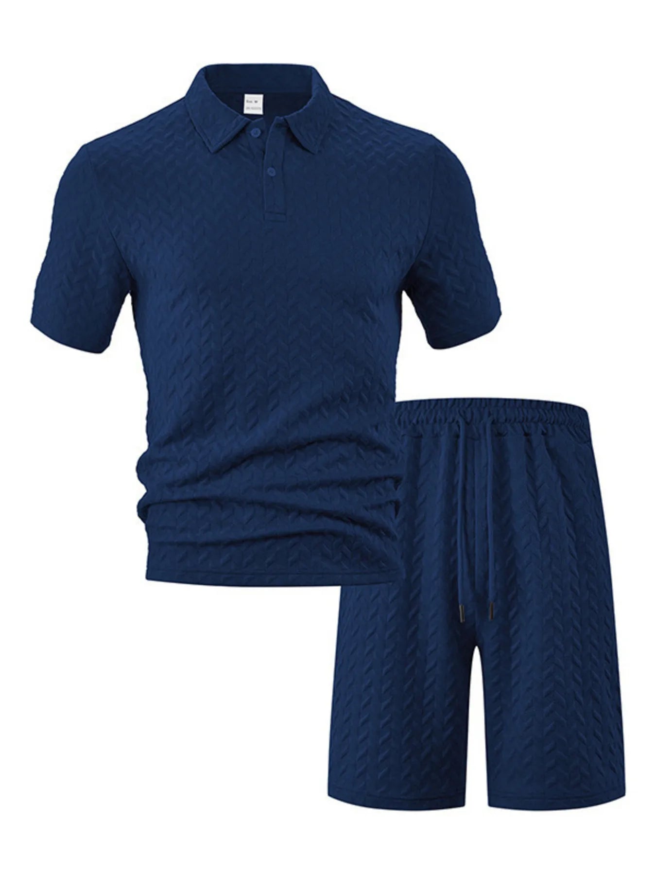 Front view of Men's Textured Polo Shirt and Shorts Set in Navy Blue.