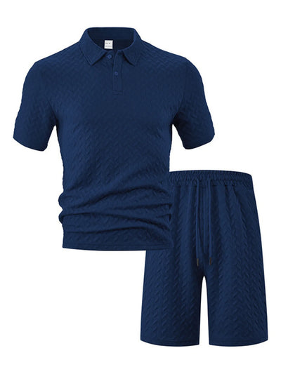Front view of Men's Textured Polo Shirt and Shorts Set in Navy Blue.