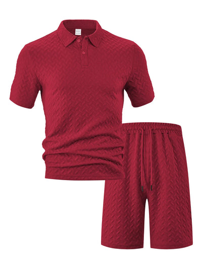 Front view of Men's Textured Polo Shirt and Shorts Set in Red.