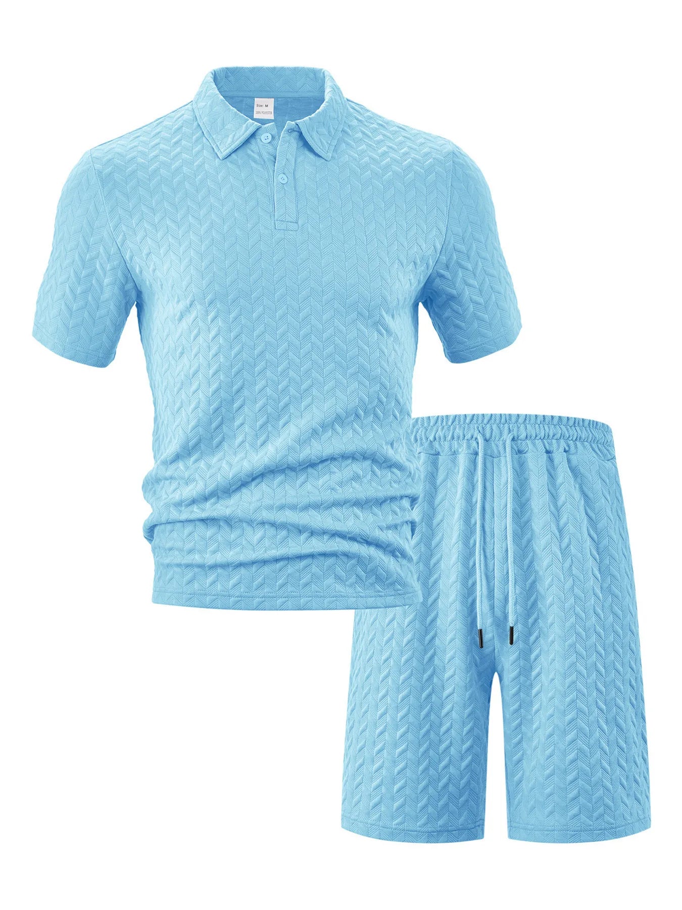 Front view of Men's Textured Polo Shirt and Shorts Set in Sky Blue.