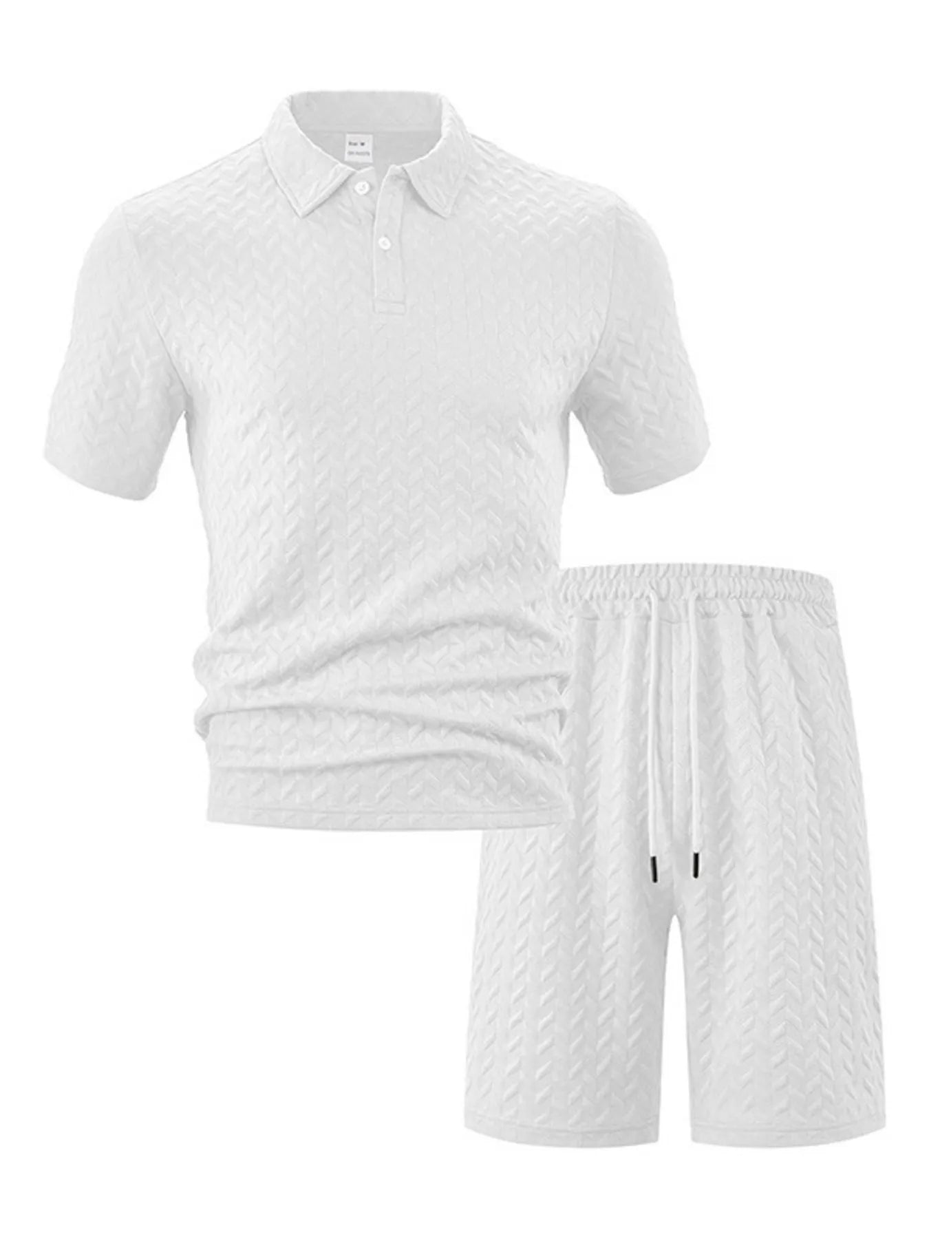 Front view of Men's Textured Polo Shirt and Shorts Set in White.