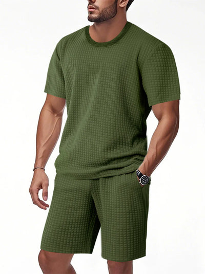 Front view of Men's Textured Round Neck Top and Shorts Set in Army Green.