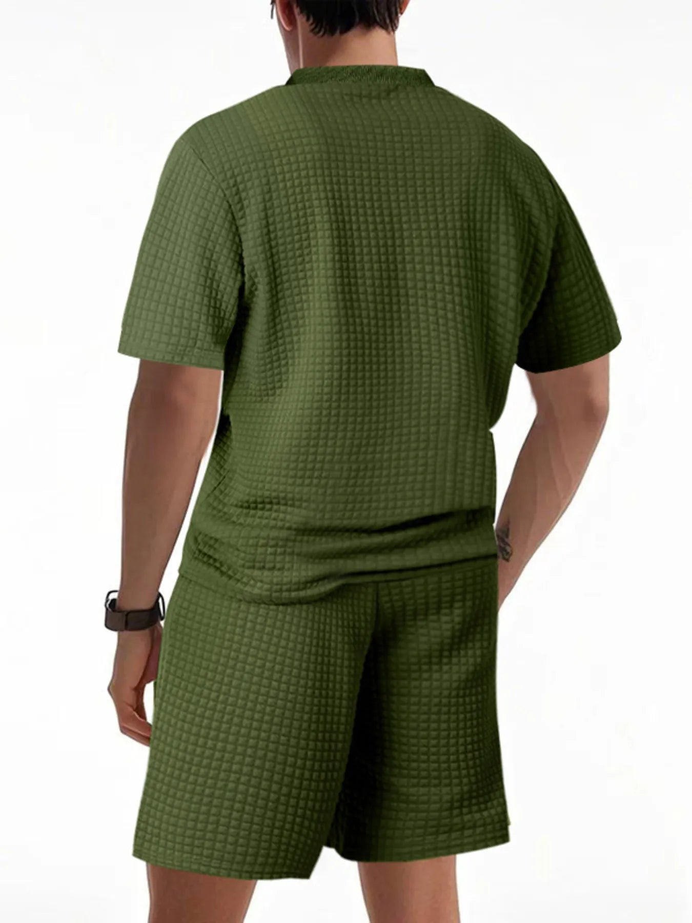 Side view showcasing the fit of Men's Textured Round Neck Top and Shorts Set in Army Green.