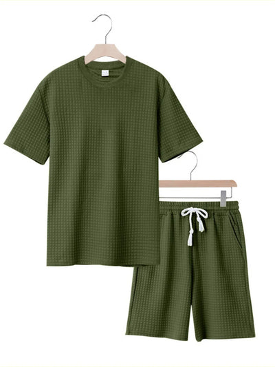 Back view highlighting the design of Men's Textured Round Neck Top and Shorts Set in Army Green.
